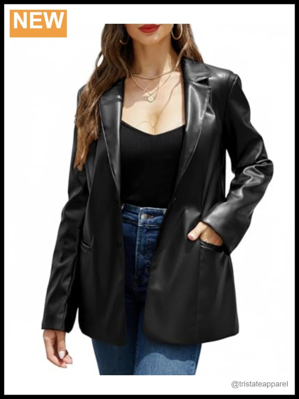 Women's Faux Leather Blazer Jacket Soft PU Pleather Coat Button Down